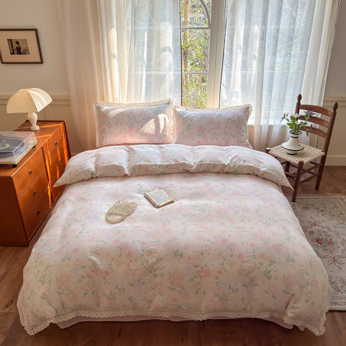 91家纺网 家纺一手货源 找家纺 曼之夏 2025新款A类全棉双层纱花边四件套 如梦令