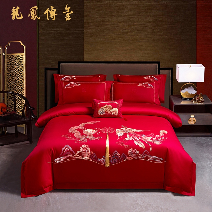 91家纺网 家纺一手货源 找家纺 晶缦家纺 2025新款喷气全棉13376婚庆绣花四件套 龙凤传玺