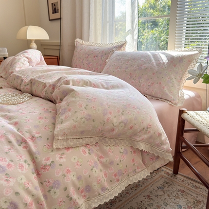 曼之夏 2025新款A类全棉双层纱花边四件套 晚香玉