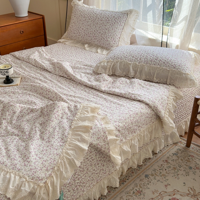 91家纺网 家纺一手货源 找家纺 淑女公社家纺  2025春夏新款法式纯棉双层纱夏被床盖四件套 悦颜 紫