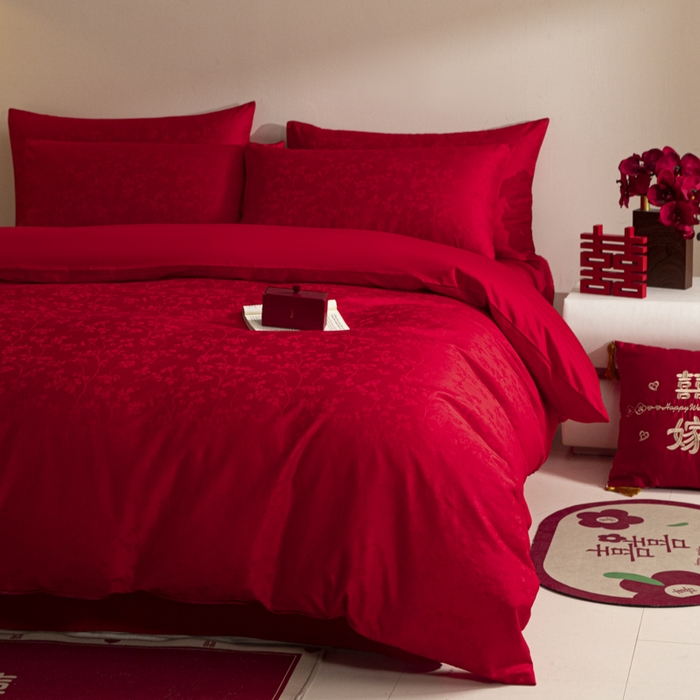 91家纺网 家纺一手货源 找家纺 琪格格纺织 2025新款纯棉婚庆四件套结婚用品提花简约婚庆 叶满良缘