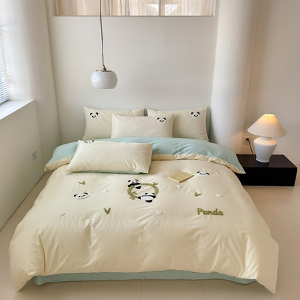 锦觅家纺 2025新款卡通小清新毛巾绣全棉纯棉四件套（大版定位花型） 可爱熊猫