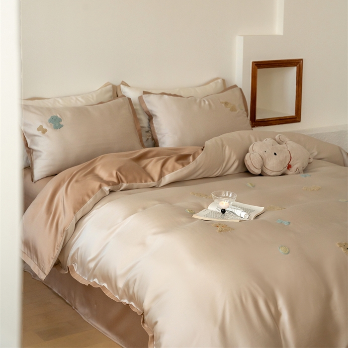 91家纺网 家纺一手货源 找家纺 FORTWO家纺原创设计（FOR TWO家纺） 2025新款60支兰精天丝毛巾绣四件套-断角款 小萌新