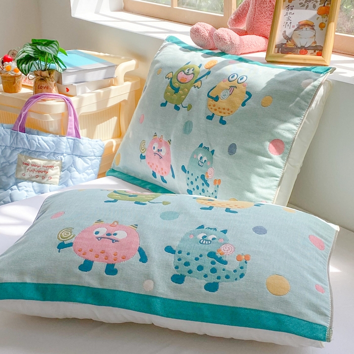 91家纺网 家纺一手货源 找家纺 美宜家 2025新款40*60儿童纯棉A类纱布枕巾乳胶专用高档枕巾 波点兽 一只