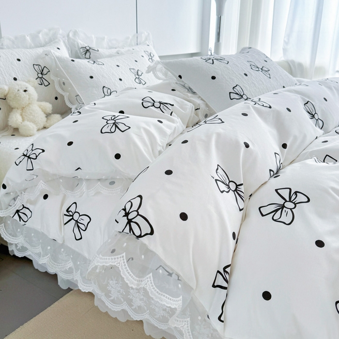 91家纺网 家纺一手货源 找家纺 添越 2024新款雪纺蕾丝款纯棉床盖四件套白色蝴蝶结