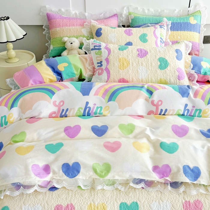 91家纺网 家纺一手货源 找家纺 添越 2024新款雪纺蕾丝款纯棉床盖四件套小彩虹