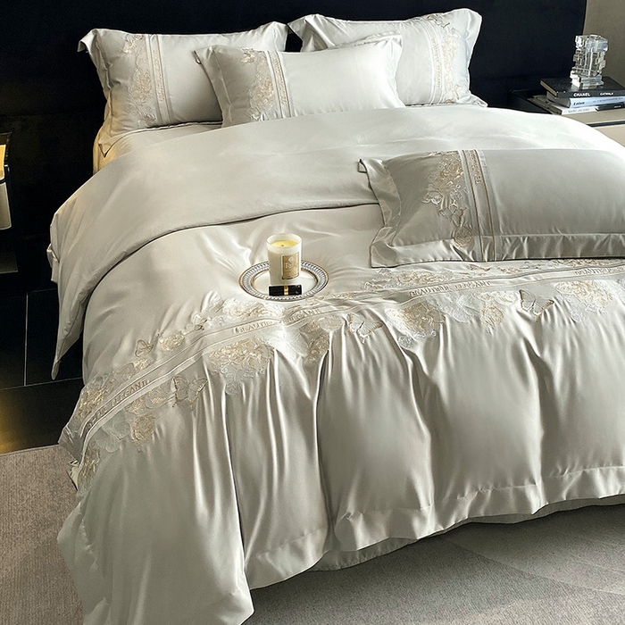 91家纺网 家纺一手货源 找家纺 优悦 2025新款冰丝简奢绣花四件套 巴黎旧梦-绿