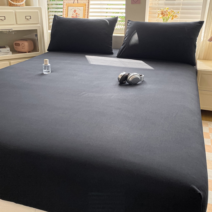 91家纺网 家纺一手货源 找家纺 芷凡家纺 2025新款水洗皱皱云感棉纯色床笠 酷黑