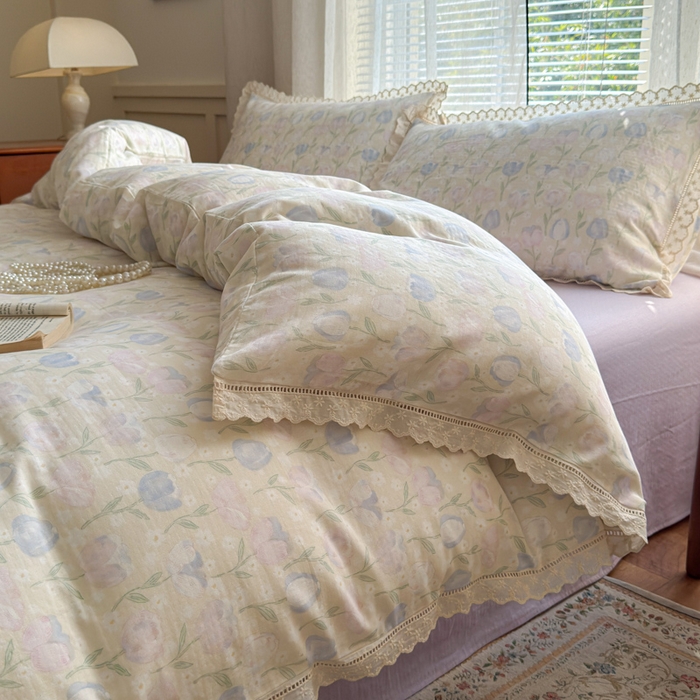 91家纺网 家纺一手货源 找家纺 曼之夏 2025新款A类全棉双层纱花边四件套 郁金香