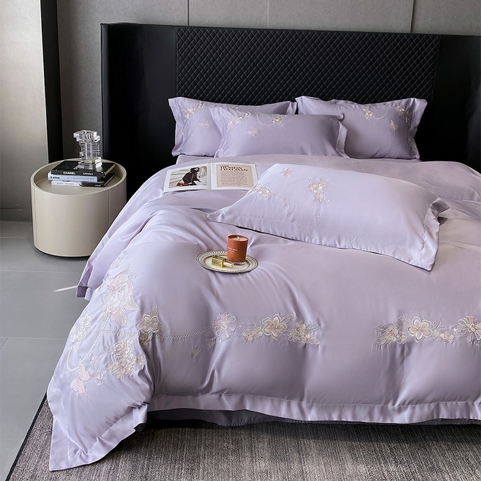 91家纺网 家纺一手货源 找家纺 优悦 2025新款冰丝简奢绣花四件套 雅韵佳人-紫