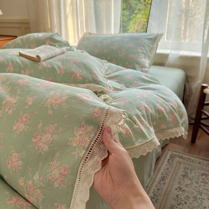 91家纺网 家纺一手货源 找家纺 曼之夏 2025新款A类全棉双层纱花边四件套 苏打绿