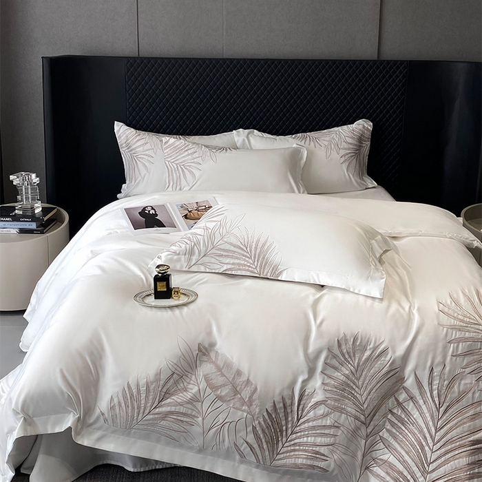 91家纺网 家纺一手货源 找家纺 优悦 2025新款冰丝简奢绣花四件套 流光岁月-白