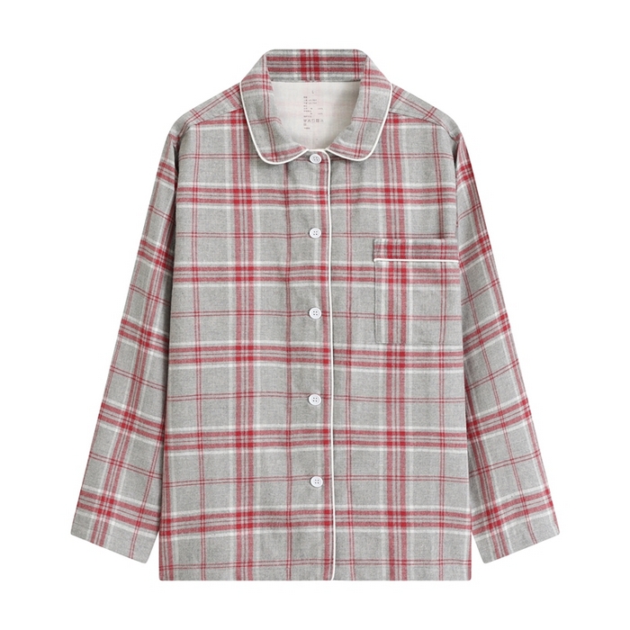 91家纺网 家纺一手货源 找家纺 伊嫚家居 2025新款无印日式双股全棉法兰绒家居服良品睡衣女纯棉直播秋冬款情侣睡衣 混灰色大格男