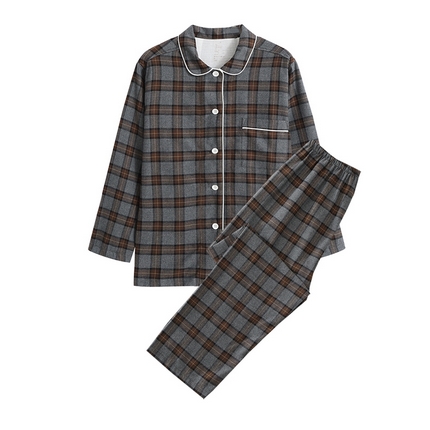 伊嫚家居 2025新款无印日式双股全棉法兰绒家居服良品睡衣女纯棉直播秋冬款情侣睡衣 巧克力格女