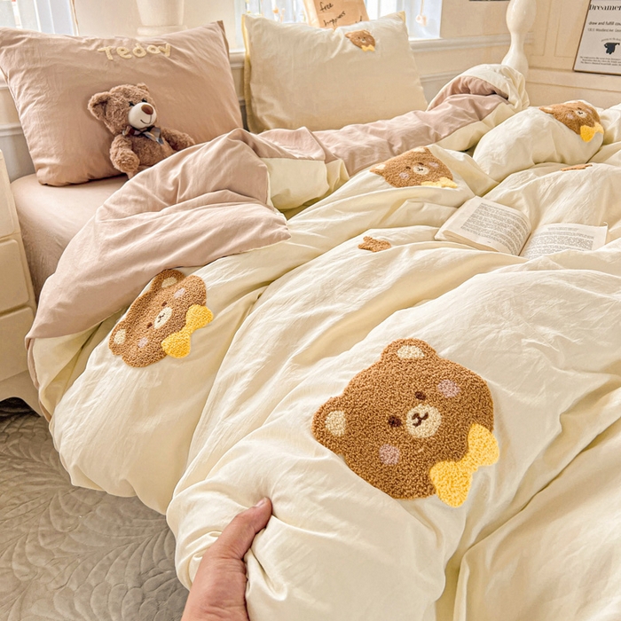 91家纺网 家纺一手货源 找家纺 海岛哥哥 2025新款云柔棉毛巾绣 四件套 毛巾绣-面包小熊