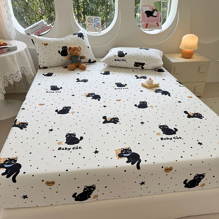 91家纺网 家纺一手货源 找家纺 十一家居 2025新款ins韩系卡通印花亲肤水洗棉床笠 波点小猫