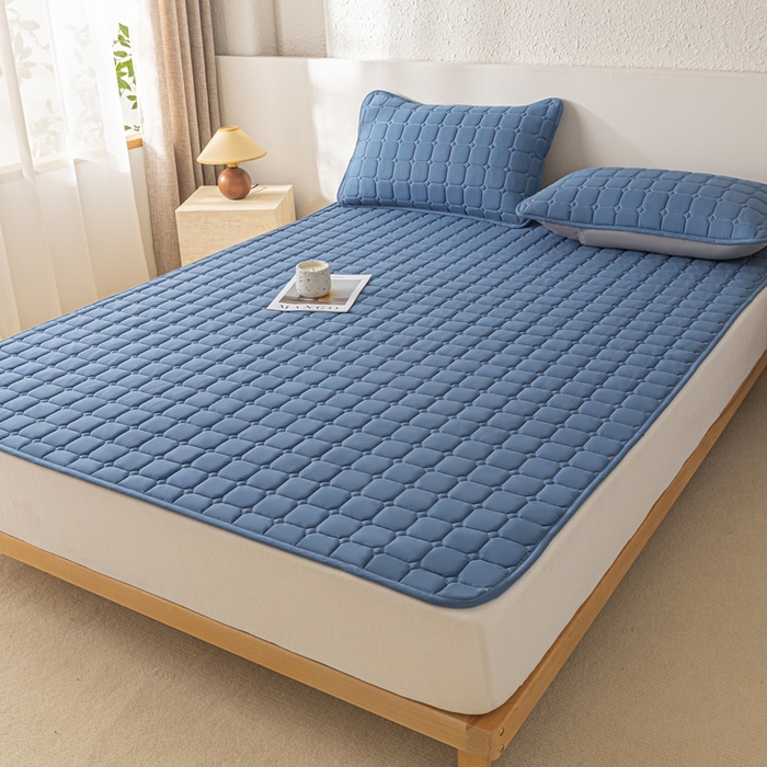 91家纺网 家纺一手货源 找家纺 欧邦 2025春夏新款四季款无印风纯色水洗棉床褥榻榻米床垫 床笠-深蓝