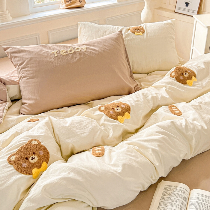 91家纺网 家纺一手货源 找家纺 海岛哥哥 2025新款云柔棉毛巾绣 四件套 毛巾绣-面包小熊