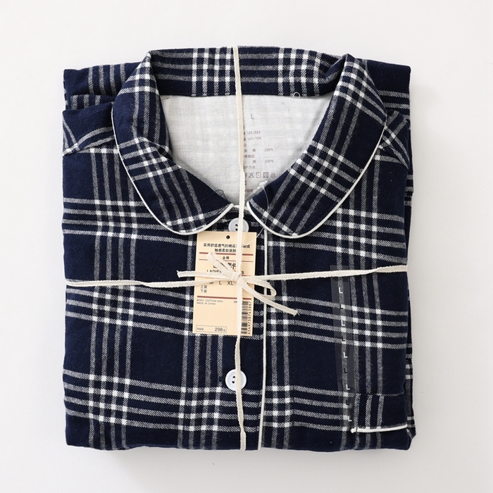 91家纺网 家纺一手货源 找家纺 伊嫚家居 2025新款无印日式双股全棉法兰绒家居服良品睡衣女纯棉直播秋冬款情侣睡衣 藏青色大格女