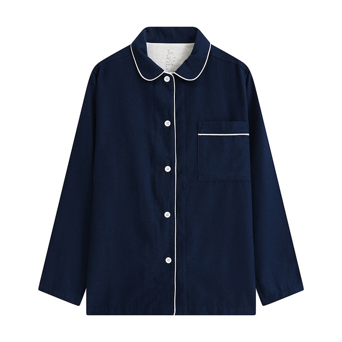 91家纺网 家纺一手货源 找家纺 伊嫚家居 2025新款无印日式双股全棉法兰绒家居服良品睡衣女纯棉直播秋冬款情侣睡衣 纯藏青色女