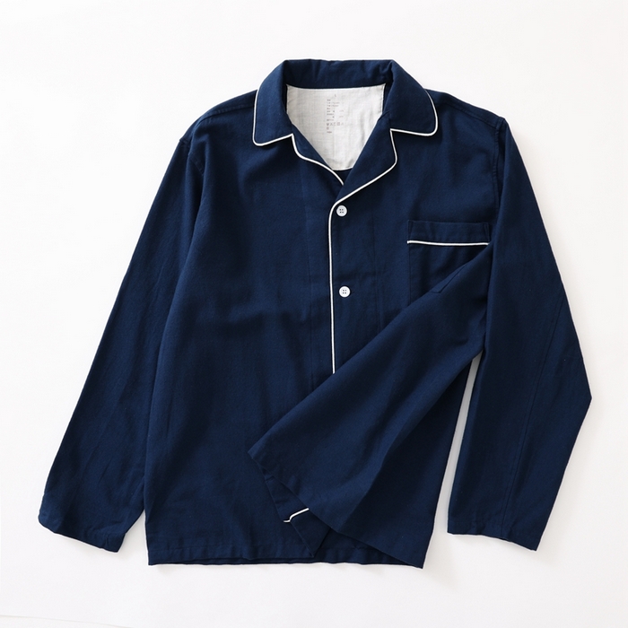 91家纺网 家纺一手货源 找家纺 伊嫚家居 2025新款无印日式双股全棉法兰绒家居服良品睡衣女纯棉直播秋冬款情侣睡衣 纯藏青色男