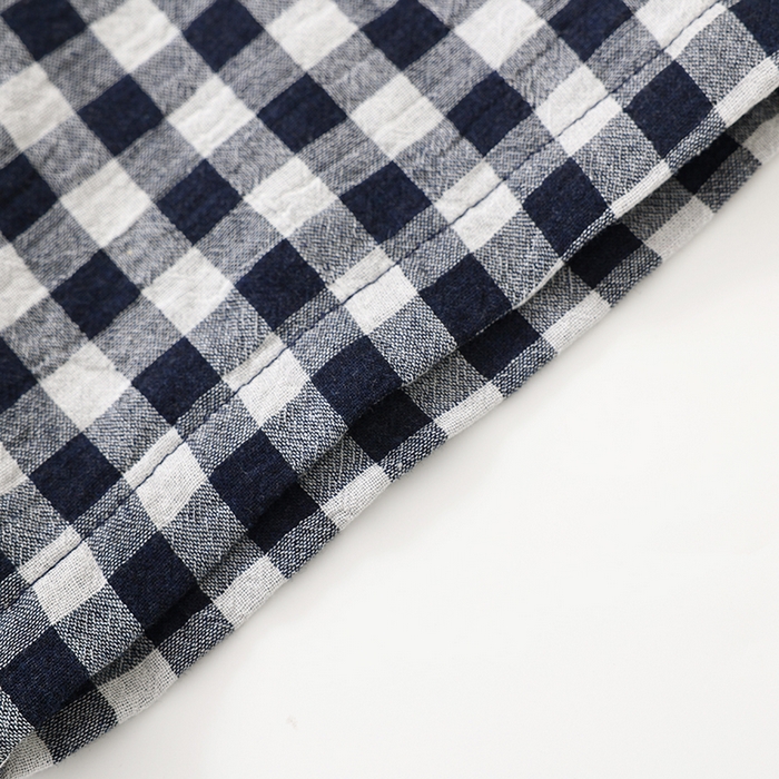 91家纺网 家纺一手货源 找家纺 伊嫚家居 2025新款日式无印风良品全棉双层纱睡衣女纯棉短袖短裤睡衣夏季纯棉短袖家居服 藏青小格女