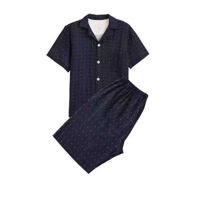 91家纺网 家纺一手货源 找家纺 伊嫚家居 2025新款日式无印风良品全棉双层纱睡衣女纯棉短袖短裤睡衣夏季纯棉短袖家居服 藏青波点男