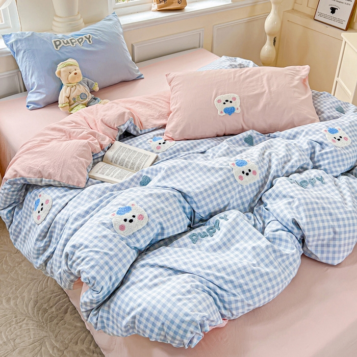 91家纺网 家纺一手货源 找家纺 海岛哥哥 2025新款云柔棉毛巾绣 四件套 毛巾绣-帽子小狗