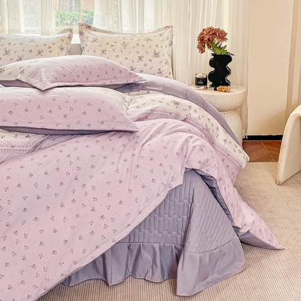 2026春夏新款拼色提花双层纱古法水洗床盖四件套提花云感棉 浪漫主义紫
