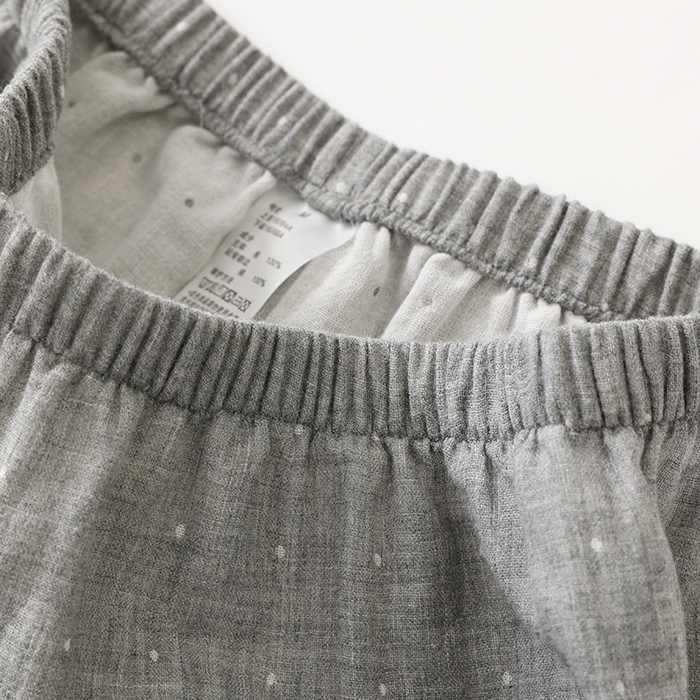 91家纺网 家纺一手货源 找家纺 伊嫚家居 2025新款日式无印风良品全棉双层纱睡衣女纯棉短袖短裤睡衣夏季纯棉短袖家居服 灰色波点女