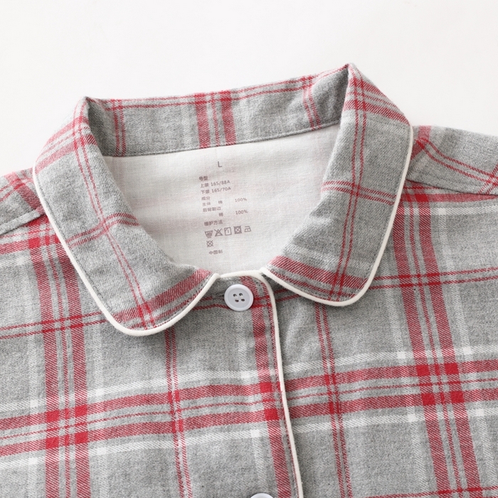 91家纺网 家纺一手货源 找家纺 伊嫚家居 2025新款无印日式双股全棉法兰绒家居服良品睡衣女纯棉直播秋冬款情侣睡衣 混灰色大格女