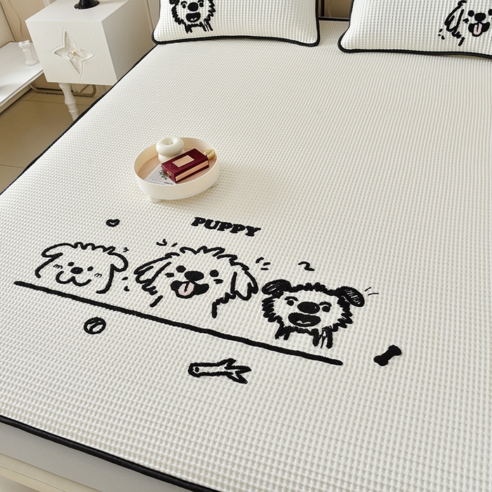 91家纺网 家纺一手货源 找家纺 炫拼  2025新款A类凉豆豆华夫格卡通绣花床笠款三件套 随意的狗