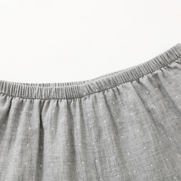 91家纺网 家纺一手货源 找家纺 伊嫚家居 2025新款日式无印风良品全棉双层纱睡衣女纯棉短袖短裤睡衣夏季纯棉短袖家居服 灰色波点女