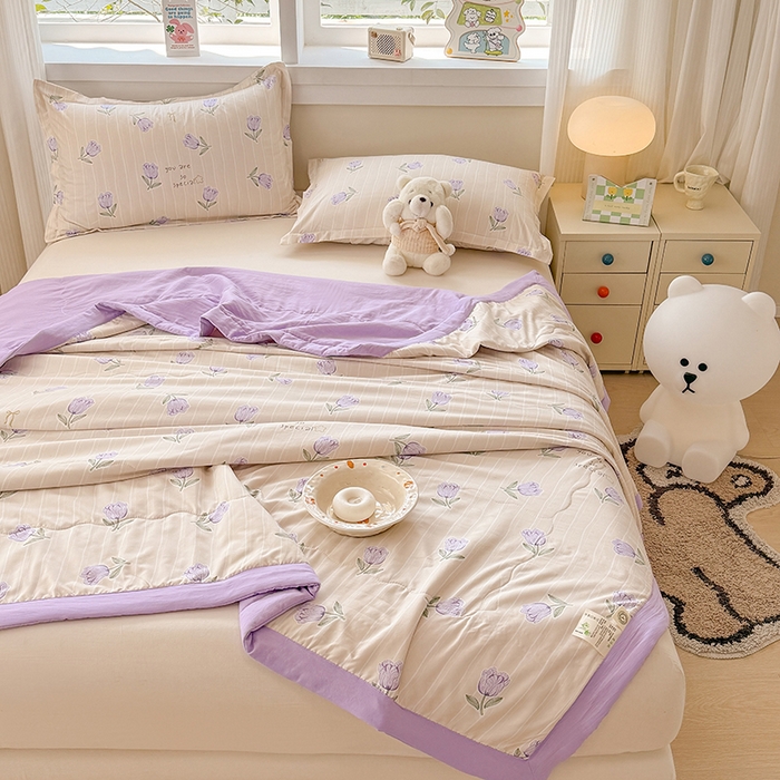 91家纺网 家纺一手货源 找家纺 雪鲨家纺  2025新款A类水洗棉夏被新疆棉花夏凉被空调被可机洗薄被子被芯 郁金香紫