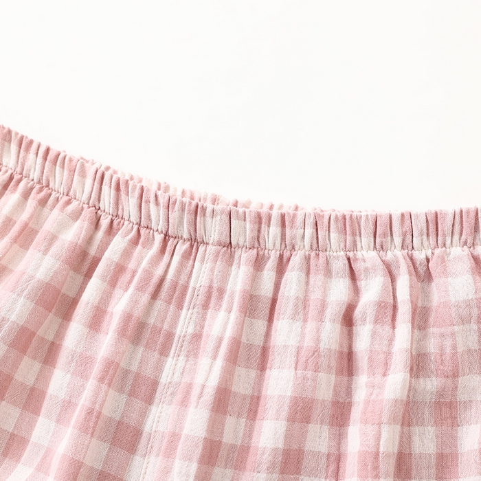 91家纺网 家纺一手货源 找家纺 伊嫚家居 2025新款日式无印风良品全棉双层纱睡衣女纯棉短袖短裤睡衣夏季纯棉短袖家居服 粉小格女