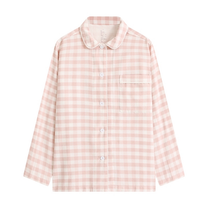 91家纺网 家纺一手货源 找家纺 伊嫚家居 2025新款无印日式双股全棉法兰绒家居服良品睡衣女纯棉直播秋冬款情侣睡衣 粉色小格