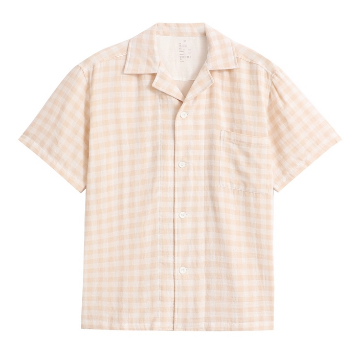 91家纺网 家纺一手货源 找家纺 伊嫚家居 2025新款日式无印风良品全棉双层纱睡衣女纯棉短袖短裤睡衣夏季纯棉短袖家居服 米色格女