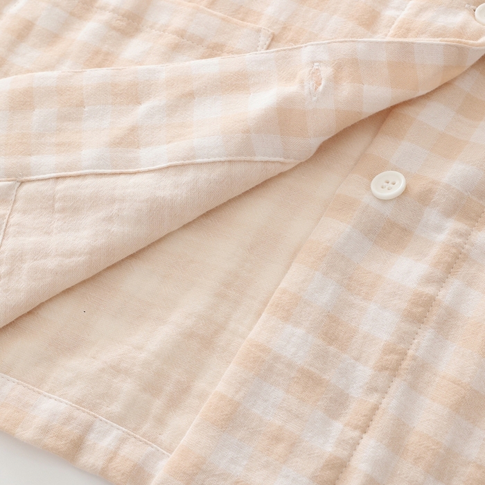 91家纺网 家纺一手货源 找家纺 伊嫚家居 2025新款日式无印风良品全棉双层纱睡衣女纯棉短袖短裤睡衣夏季纯棉短袖家居服 米色格女