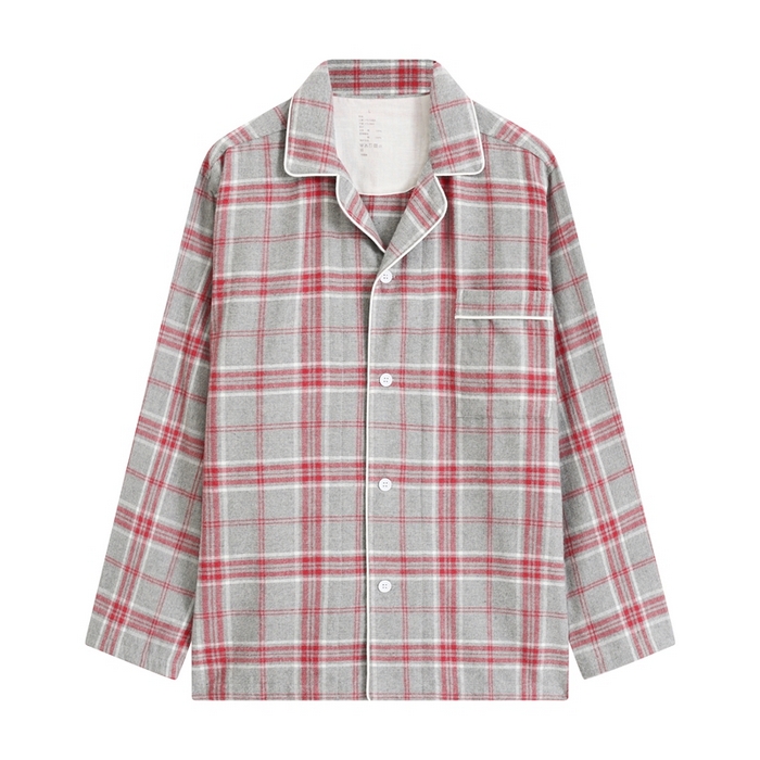 91家纺网 家纺一手货源 找家纺 伊嫚家居 2025新款无印日式双股全棉法兰绒家居服良品睡衣女纯棉直播秋冬款情侣睡衣 混灰色大格男