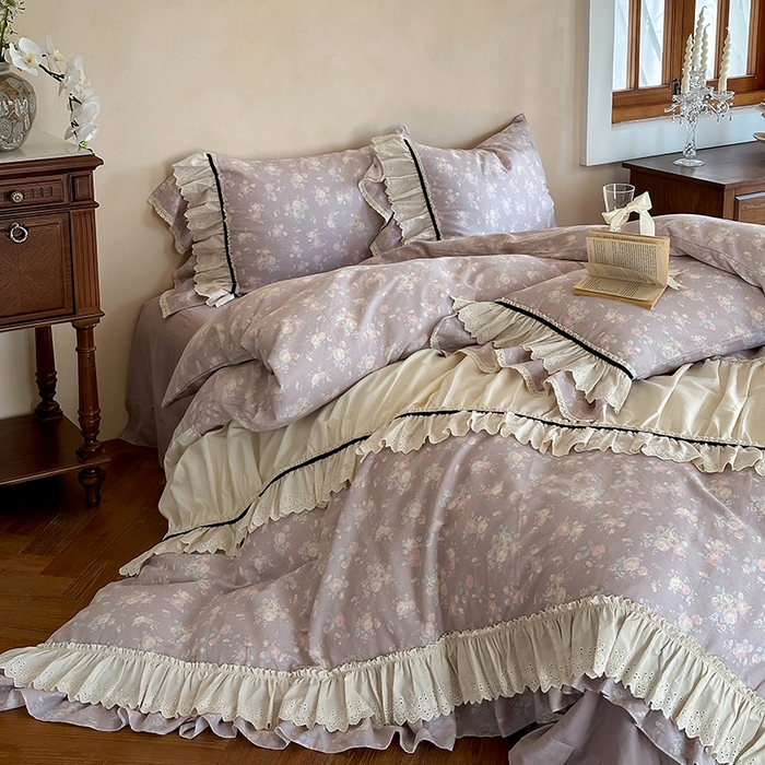 91家纺网 家纺一手货源 找家纺 婳庭家居 2025新款双层纱褶皱花边款四件套 紫萱