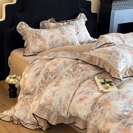 91家纺网 家纺一手货源 找家纺 （总）索飞特家纺 2025新款全棉纯棉双层法式皱皱纱数码印花四件套