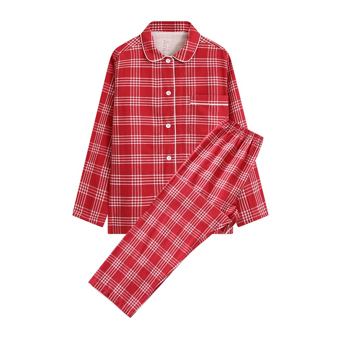 91家纺网 家纺一手货源 找家纺 伊嫚家居 2025新款无印日式双股全棉法兰绒家居服良品睡衣女纯棉直播秋冬款情侣睡衣 红色大格