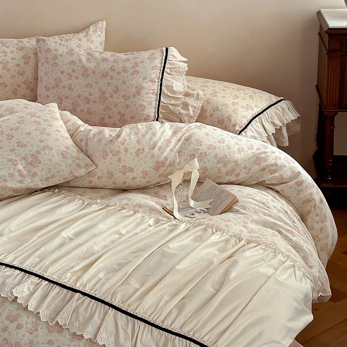 91家纺网 家纺一手货源 找家纺 婳庭家居 2025新款双层纱褶皱花边款四件套 玫瑰故事