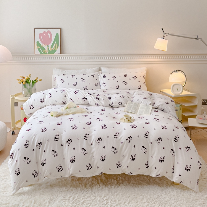 91家纺网 家纺一手货源 找家纺 伊嫚家居 新款日式新品全棉针织棉A类活性印花四件套天竺棉小碎花复古亲肤被罩床笠款套件 可爱熊猫
