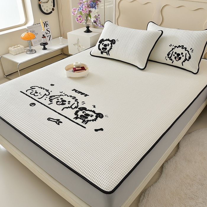 91家纺网 家纺一手货源 找家纺 炫拼  2025新款A类凉豆豆华夫格卡通绣花床笠款三件套 随意的狗