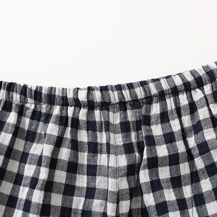 91家纺网 家纺一手货源 找家纺 伊嫚家居 2025新款日式无印风良品全棉双层纱睡衣女纯棉短袖短裤睡衣夏季纯棉短袖家居服 藏青小格女