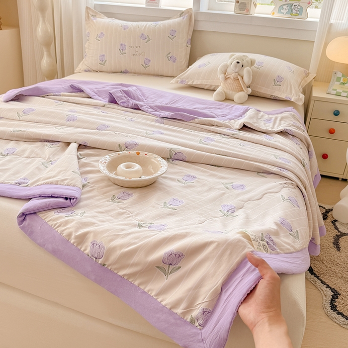 91家纺网 家纺一手货源 找家纺 雪鲨家纺  2025新款A类水洗棉夏被新疆棉花夏凉被空调被可机洗薄被子被芯 郁金香紫