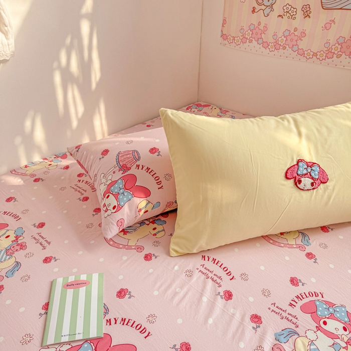 91家纺网 家纺一手货源 找家纺 繁花家居 2025新款水洗棉三丽鸥毛巾绣直播爆款四件套 木马美乐蒂