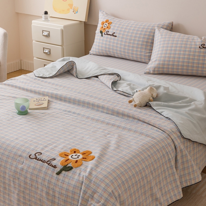 卡姿家纺 2025新款色织水洗棉毛巾绣夏被夏凉被空调被 夏被红蓝小格