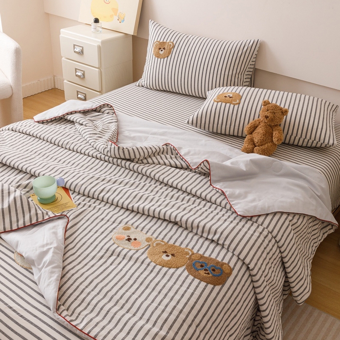 卡姿家纺 2025新款色织水洗棉毛巾绣夏被夏凉被空调被 夏被黑白条纹
